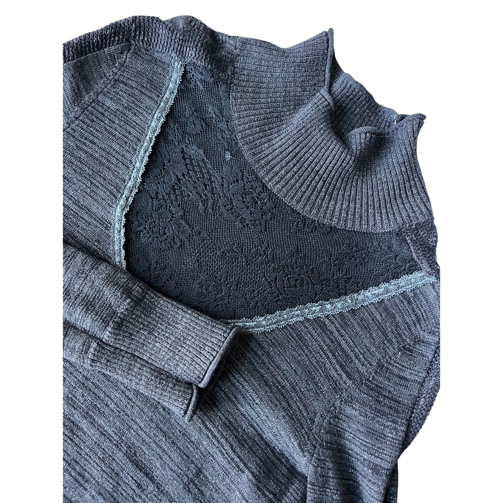 Free People‎ Gray Striped Mock Neck Lace Insert Long Sleeve Sweater Top Large L
